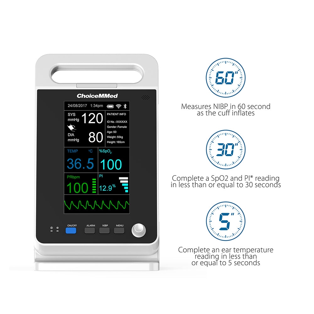 CHOICEMMED MD2000C Parameter 7” TFT Display Vital Sign Patient Monitor NIBP RESP SPO2 PR TEMP Free Infrared Thermometer