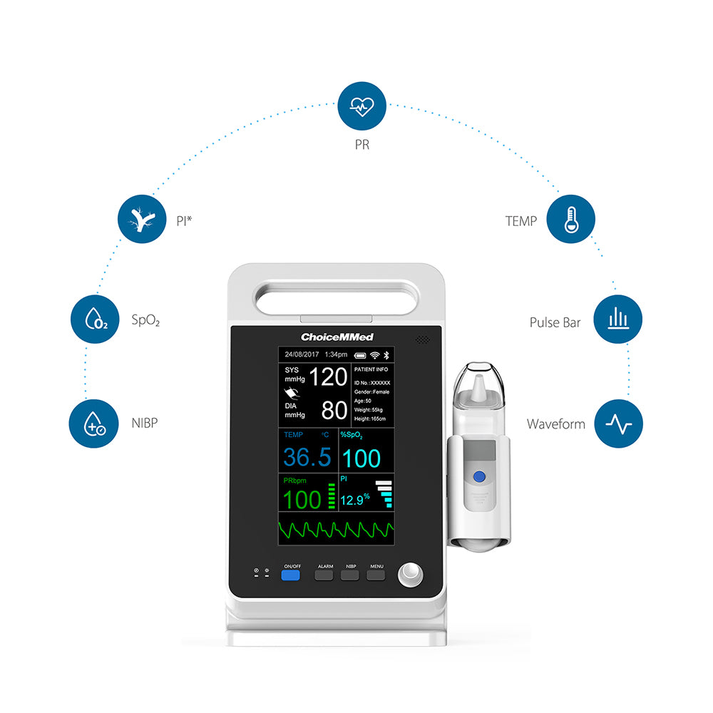 CHOICEMMED MD2000C Parameter 7” TFT Display Vital Sign Patient Monitor NIBP RESP SPO2 PR TEMP Free Infrared Thermometer