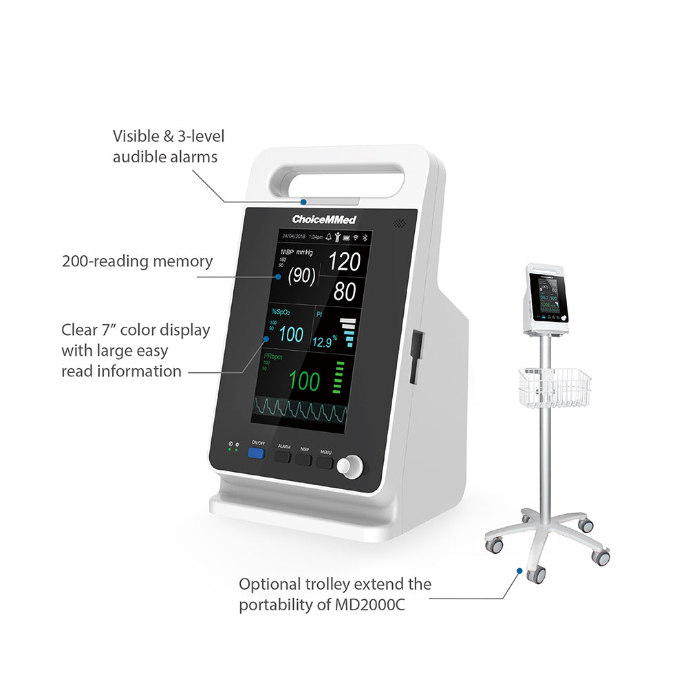 CHOICEMMED MD2000C Parameter 7” TFT Display Vital Sign Patient Monitor NIBP RESP SPO2 PR TEMP Free Infrared Thermometer