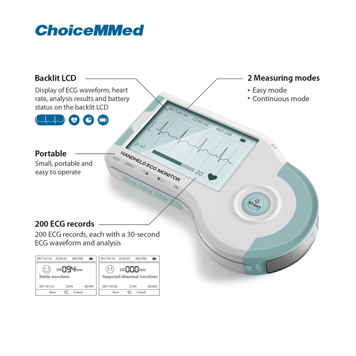 ChoiceMMedMD100BポータブルECGマシンECGモニターハンドヘルド心拍数マシン（FDAおよびCE承認済み）